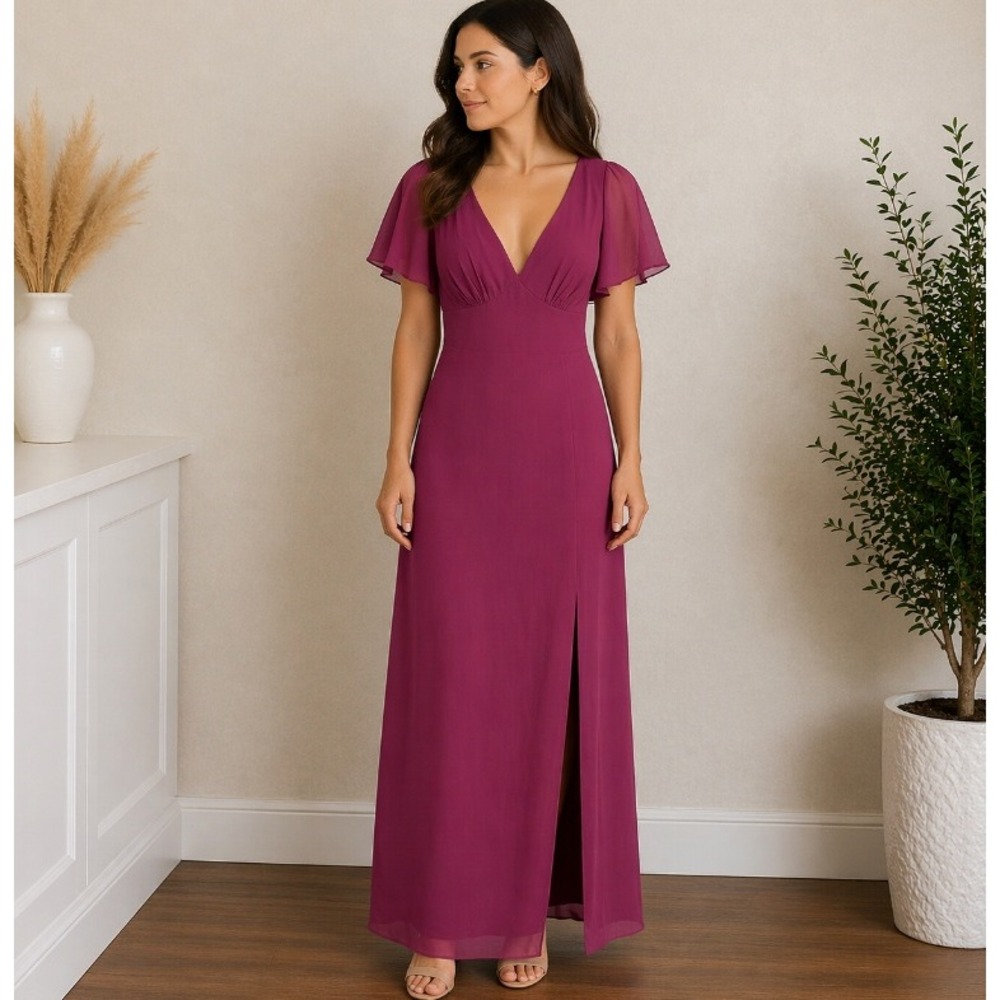 Azazie Kimber Gown Dress A18 Mulberry Flutter Sleeve V-Neck Back Tie Bridesmaid